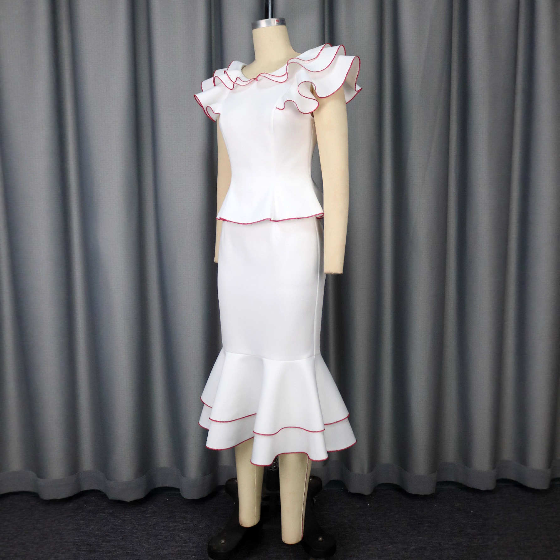 Women's Ruffled Contrast Color Top Temperament Slim Fishtail Skirt Suit - Image 3