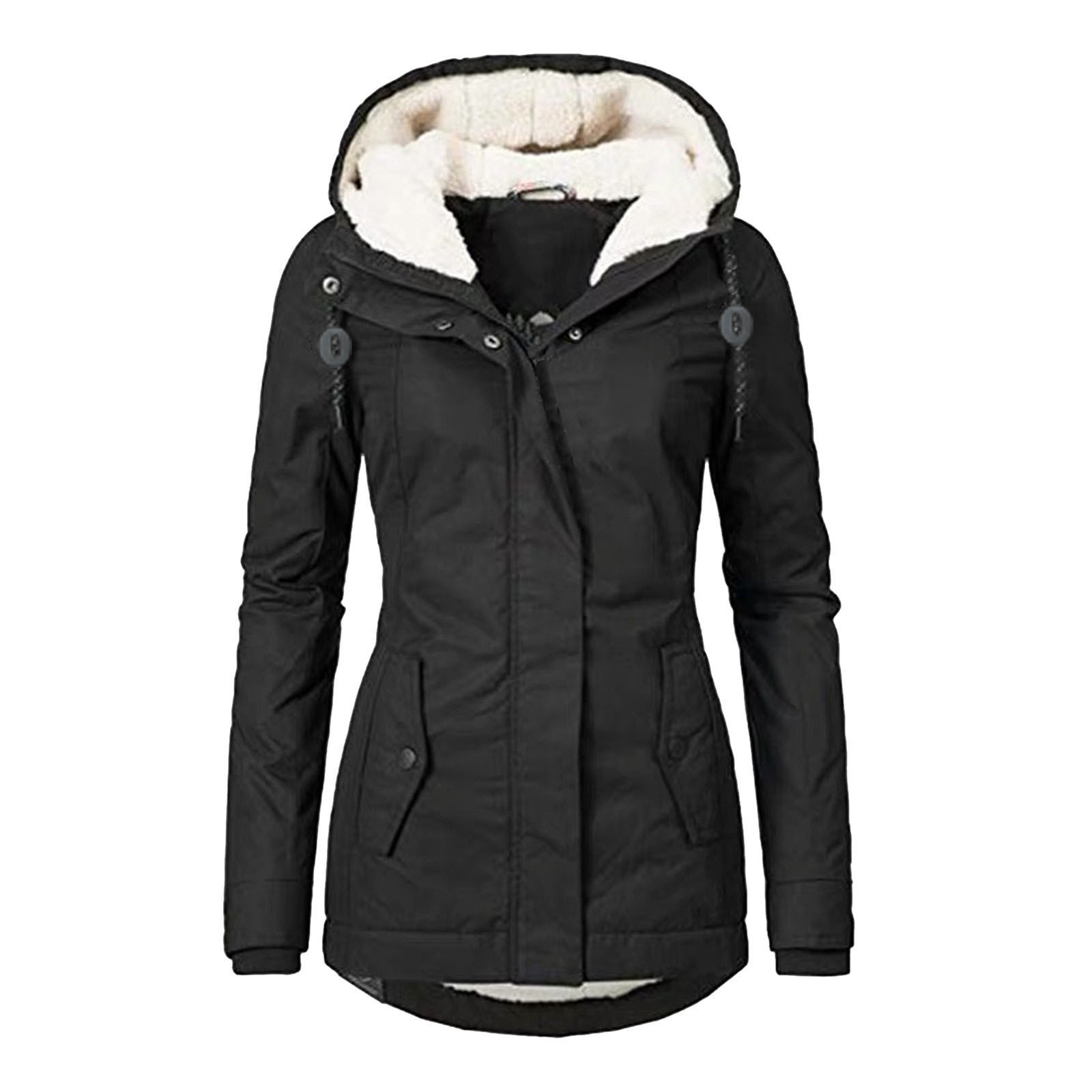 Winter Hooded Jacket Solid Color Warm Buckle Zip-up Fleece Jacket With Pockets Women's Casual Jacket - Image 8