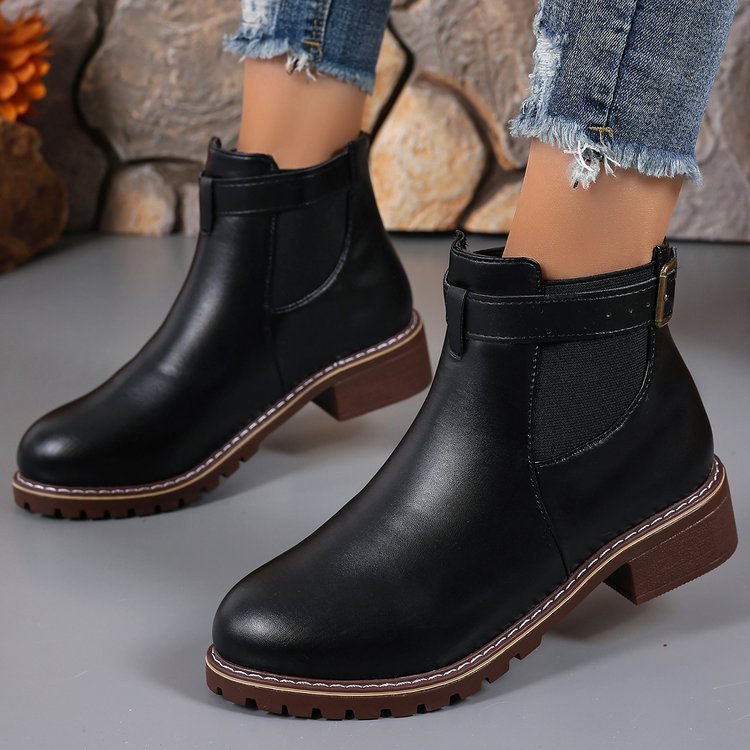 Belt Buckle Decoration Round Head Ankle Boots - Image 2