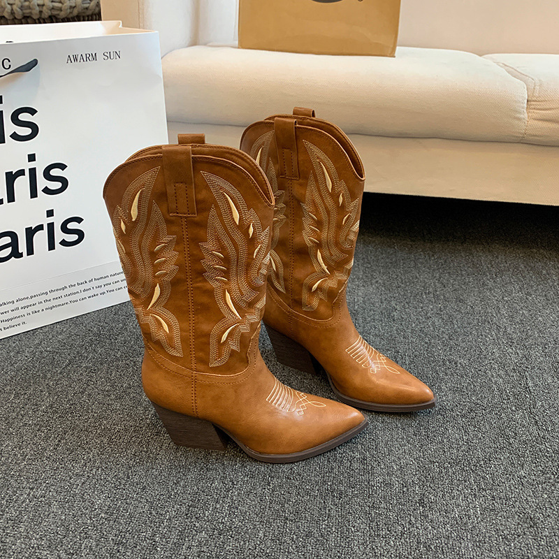 Embroidered Mid-calf Retro Cowboy Boot Women - Image 5