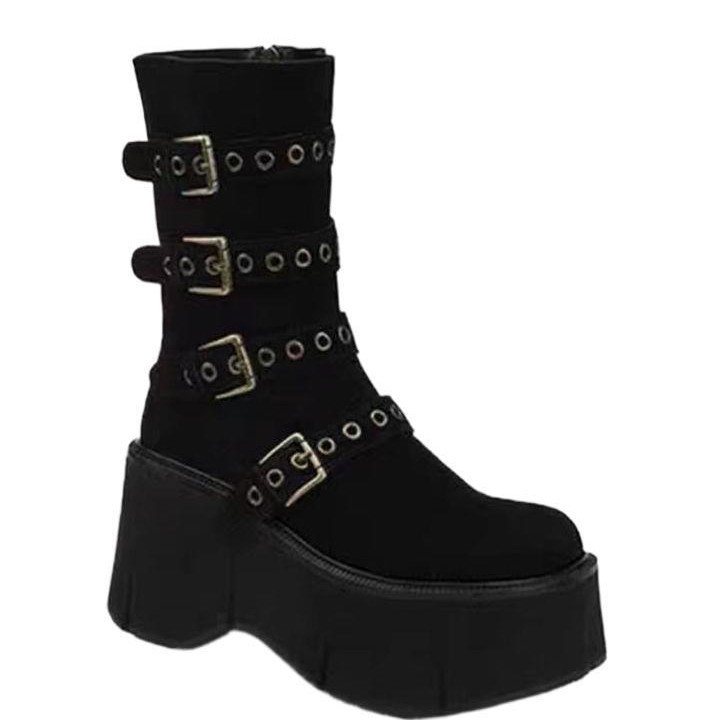 Platform Wedge Booties Women's Belt Buckle Muffin Middle Boots - Image 5
