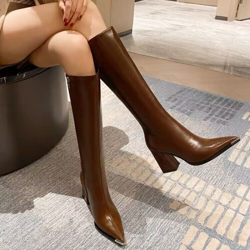 Soft Leather Pointed Toe Thick High Heel Long Boots - Image 6