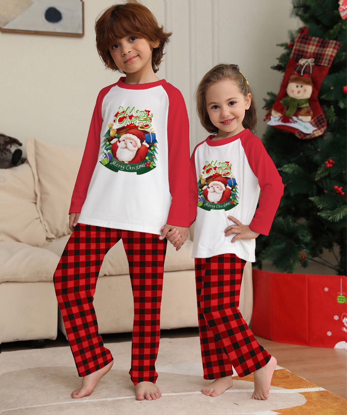 Christmas Parent-Child Clothes Set Long Sleeve T-Shirt Plaid Pants Family Matching Pajamas - Image 2
