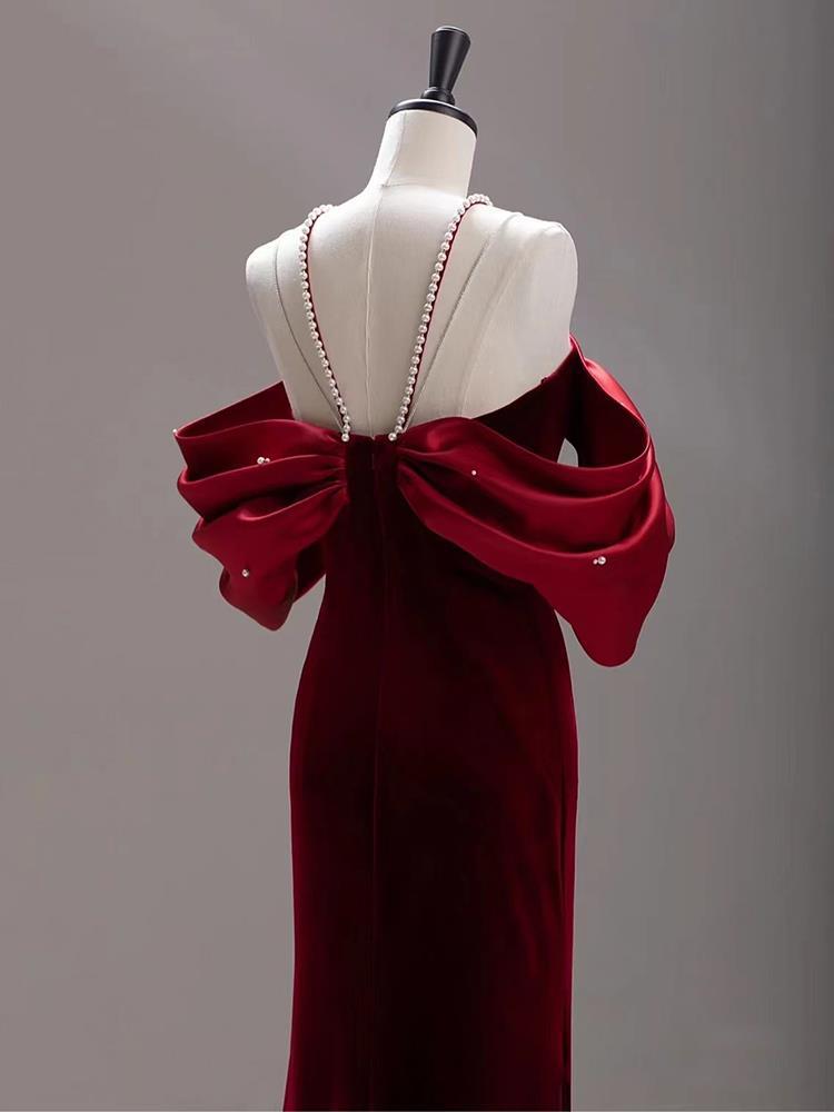 Premium Sense Wine Red Engagement Fishtail Temperament One Line Shoulder Evening Dress - Image 3