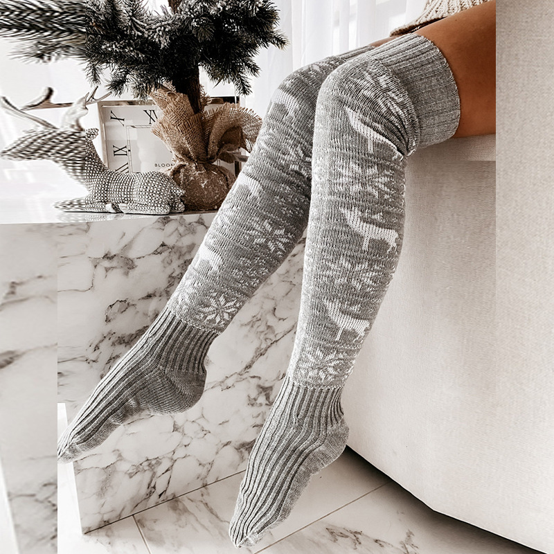 Winter Christmas Warm Knitted Women Stocking Beautiful Elk Snowflake Jacquard Over-the-knee Casual Long Socks For Ladies Gifts Free Size - Image 6
