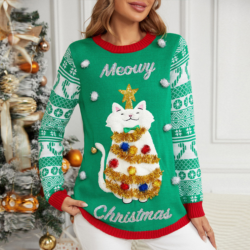 Jacquard Pullover Christmas Cartoon Kitten Embroidered Sweater – Bild 6