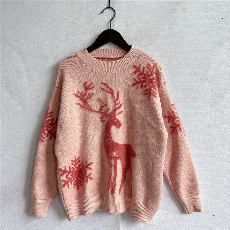 Round Neck Long Sleeve Christmas Sweater Snowflake Deer Jacquard Sweater – Bild 5