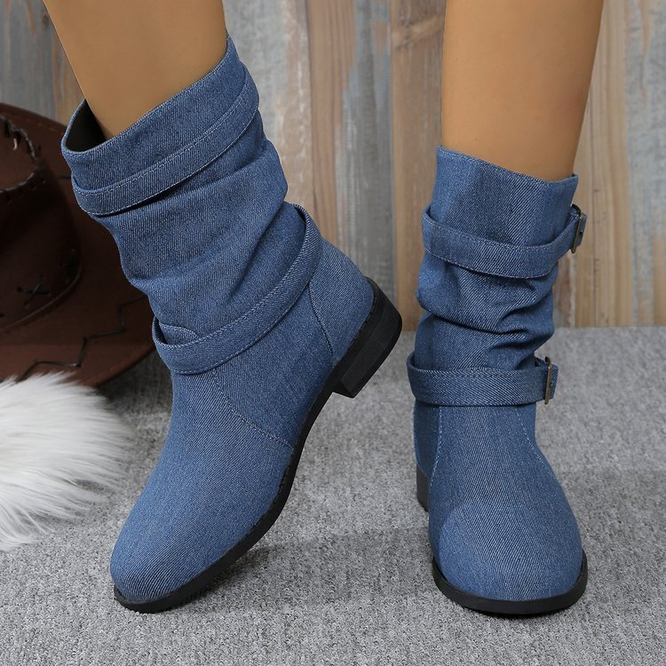 Square Heel Round Toe Women's Denim Leather Boots - Image 6