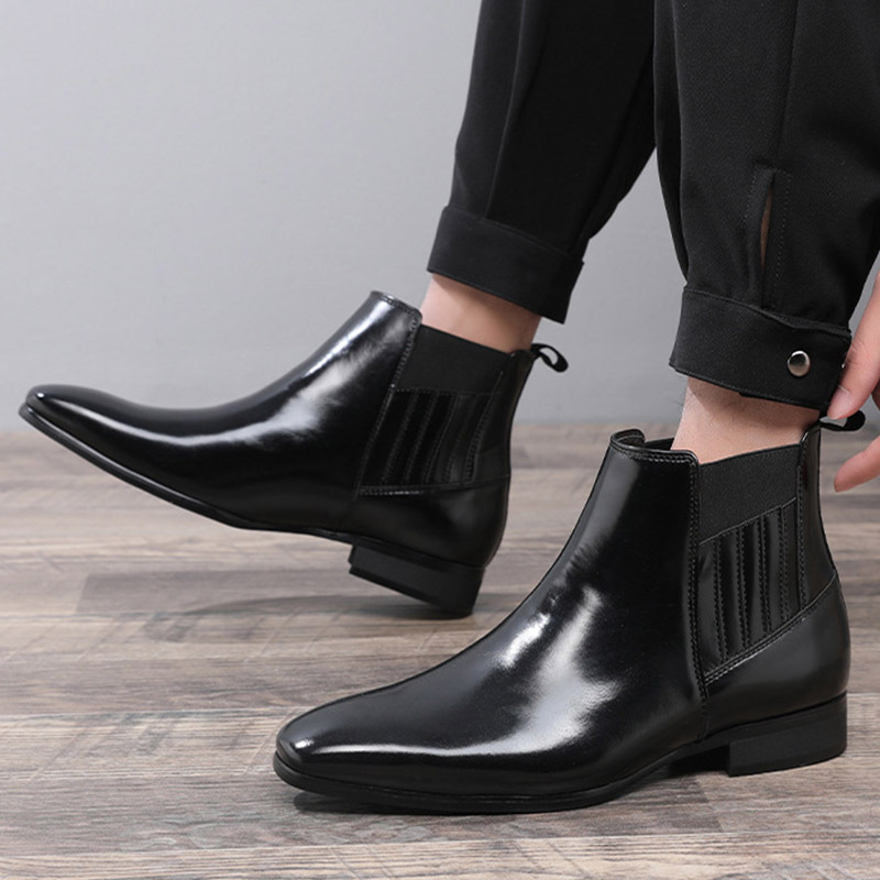 Pointed Toe Chelsea-style Boots For Men Fashion British Style Square Heel Business Formal Leather Shoes - Image 2