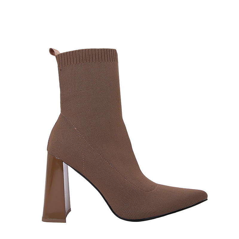 Brown Yellow Geometric High Heel Chunky Heel Retro Ankle Boots Elastic Socks Boots Women - Image 5