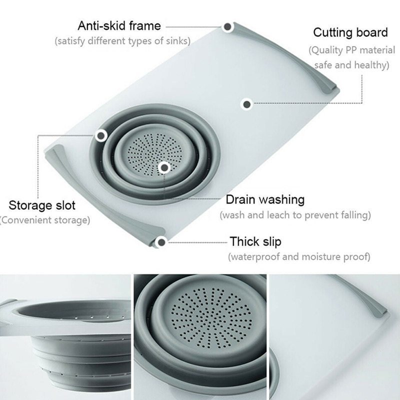 Innovative Multi-Functional 3 in 1 Chopping Board Detachable Folding Drain Basket Sink Cutting Board - Image 6
