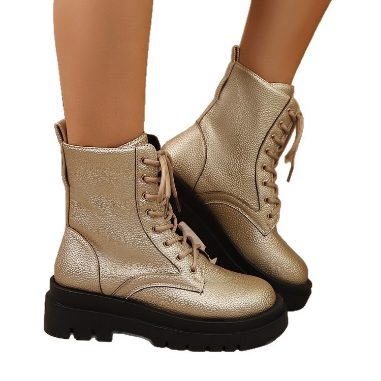 Leather Short Tube Lace Up Round Toe Platform Martin Boots - Image 5