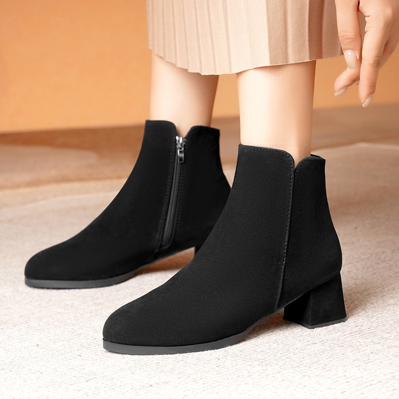 Pointed-toe Frosted Suede Side Zipper Chunky Heel Mid Heel Plus Size Female Boots - Image 4