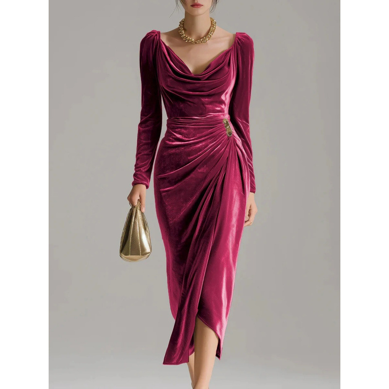 Long Sleeve Pleated Long Slit Velvet Sheath Dress - Image 7