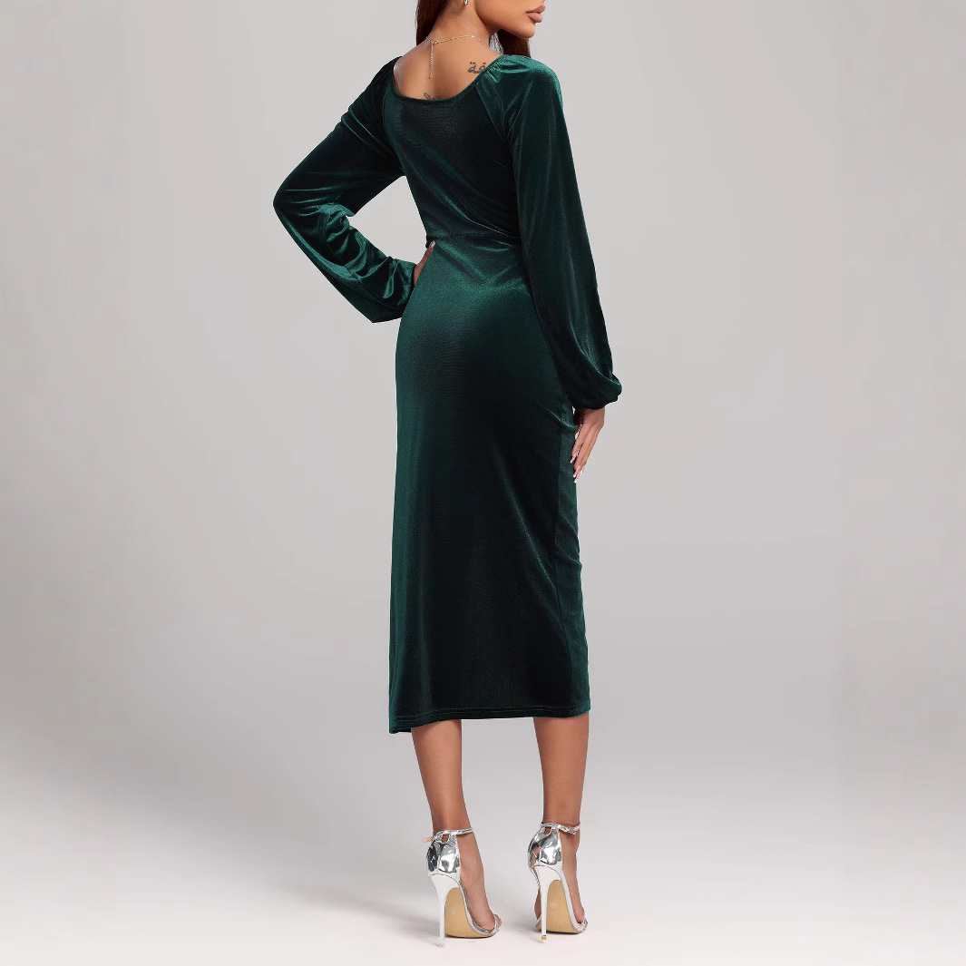 V-neck Velvet Dress Pleated Split Dress - Image 2