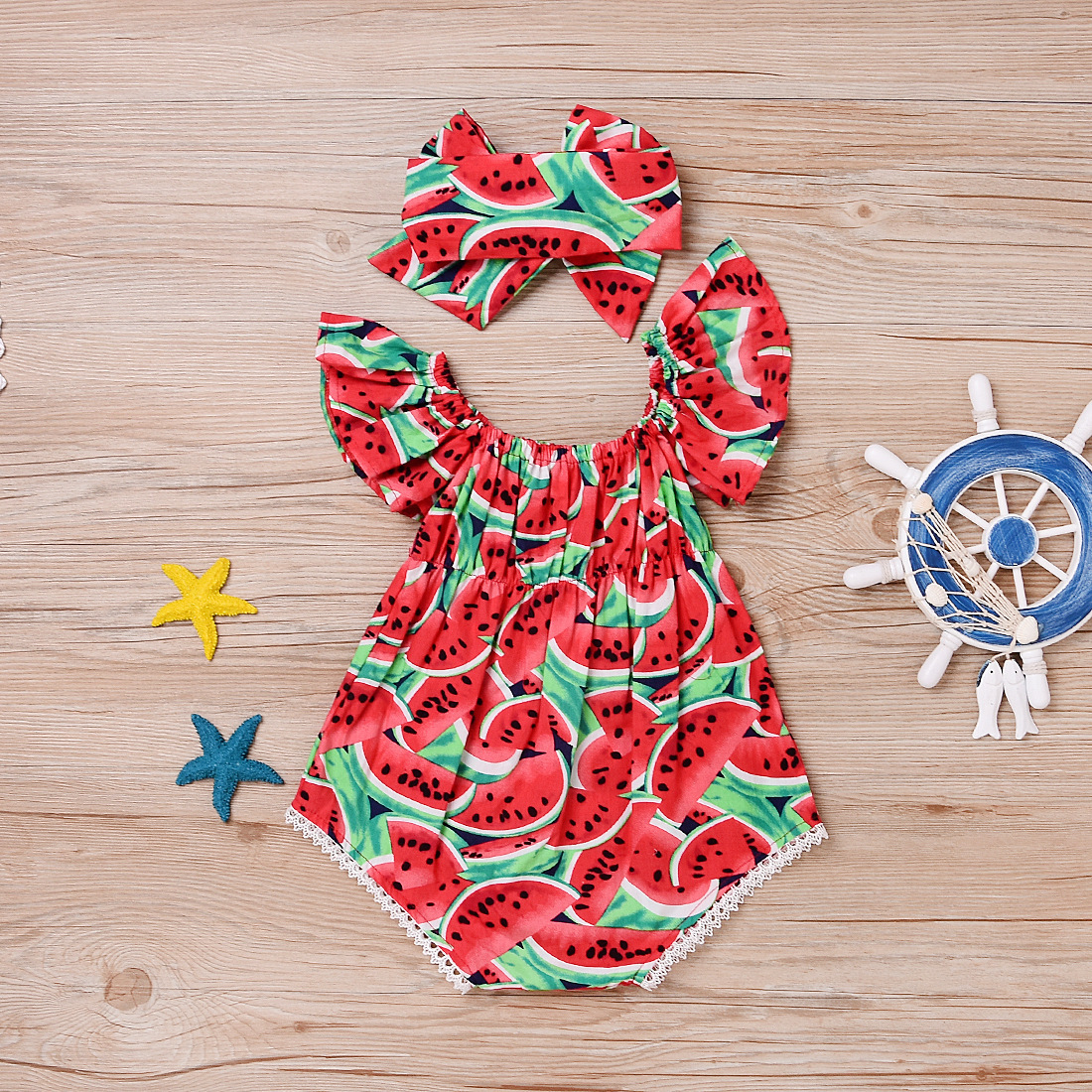 Watermelon Romper Set Red Watermelon Printed Lace Baby Climbing Suit – Bild 3