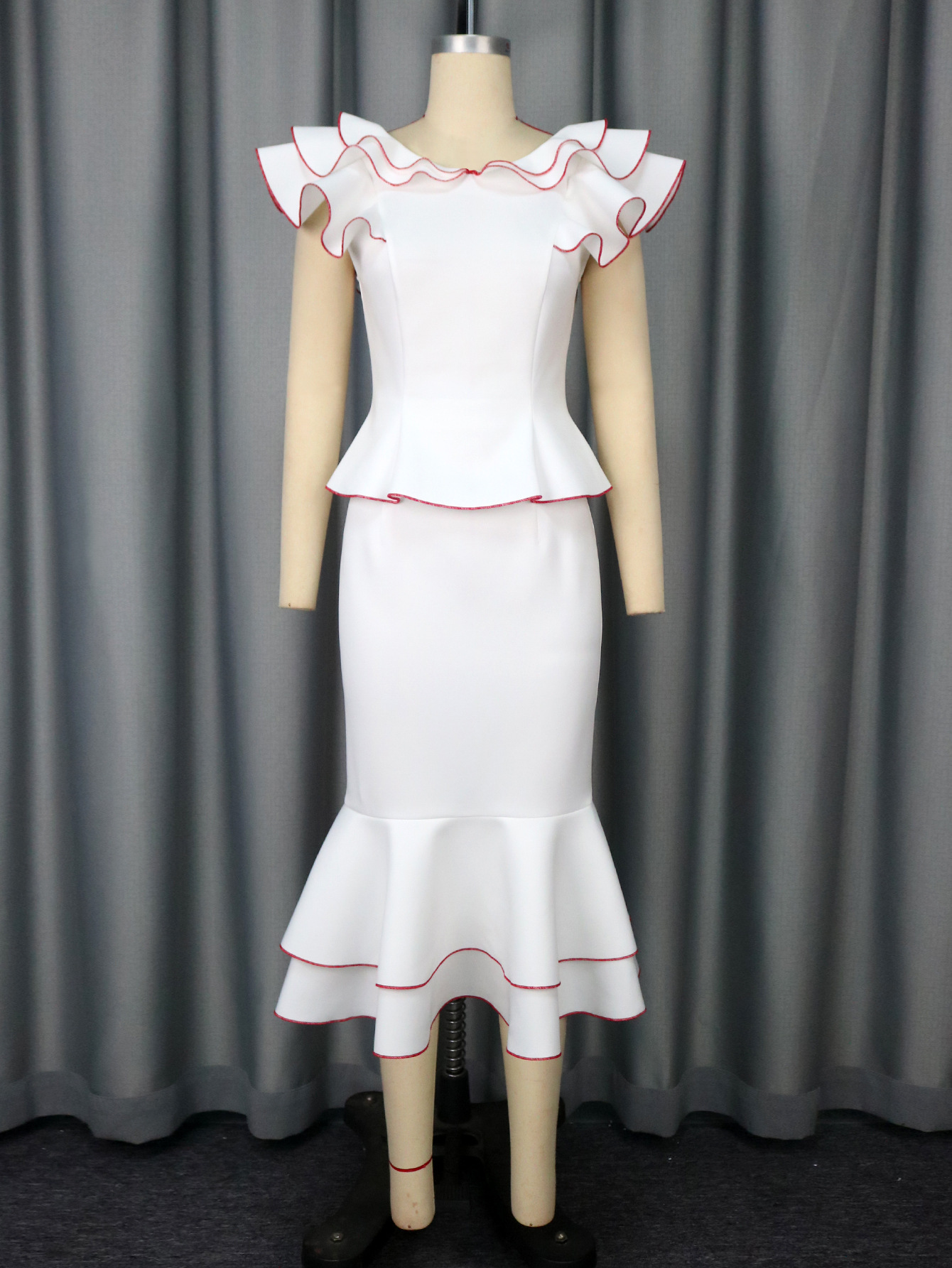 Women's Ruffled Contrast Color Top Temperament Slim Fishtail Skirt Suit - Image 6