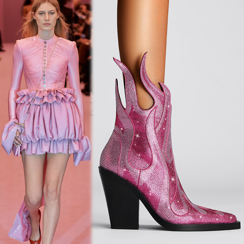 New Sexy Square Toe Chunky Heel Rhinestone Flame Martin Boots - Image 2