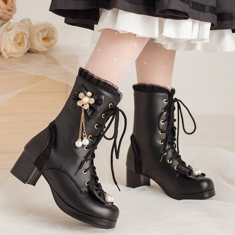 Female Bow Thick Heeled Short Boots Lolita Shoes - Image 7