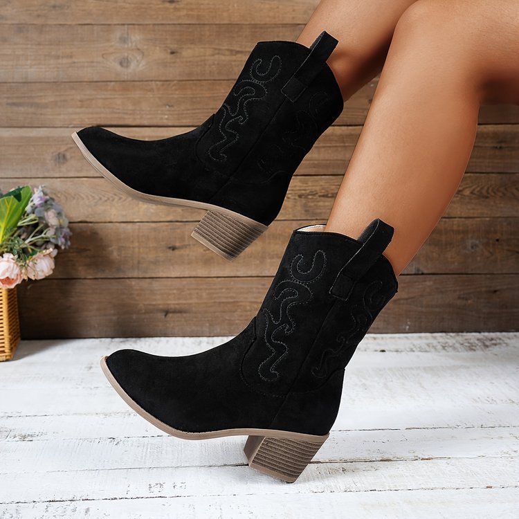 Plus Size Square Heel Round Head V Cut Women's Mid Boots - Image 7