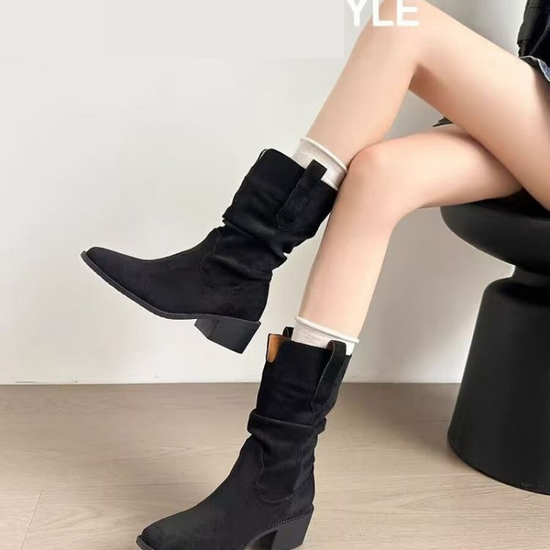 Autumn Western Pleated Short Single Women's Pile Style Boots - Image 4