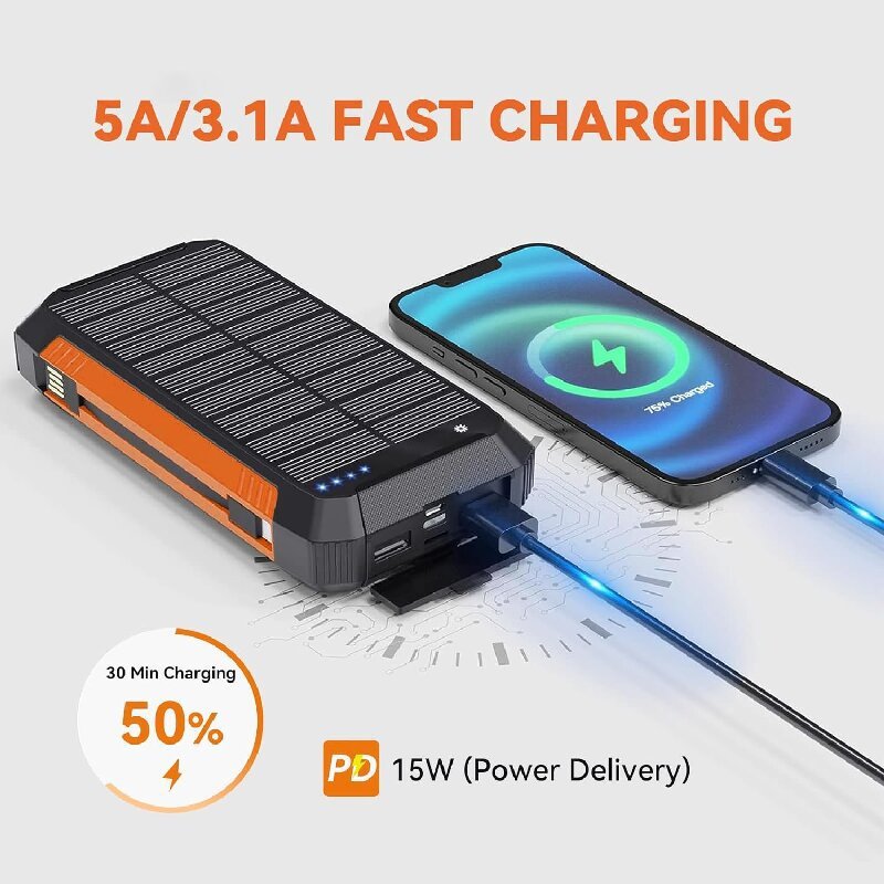 With Cable Solar Charging Unit 20000mah Portable Wireless Charger Mobile Phone Power Bank — изображение 2