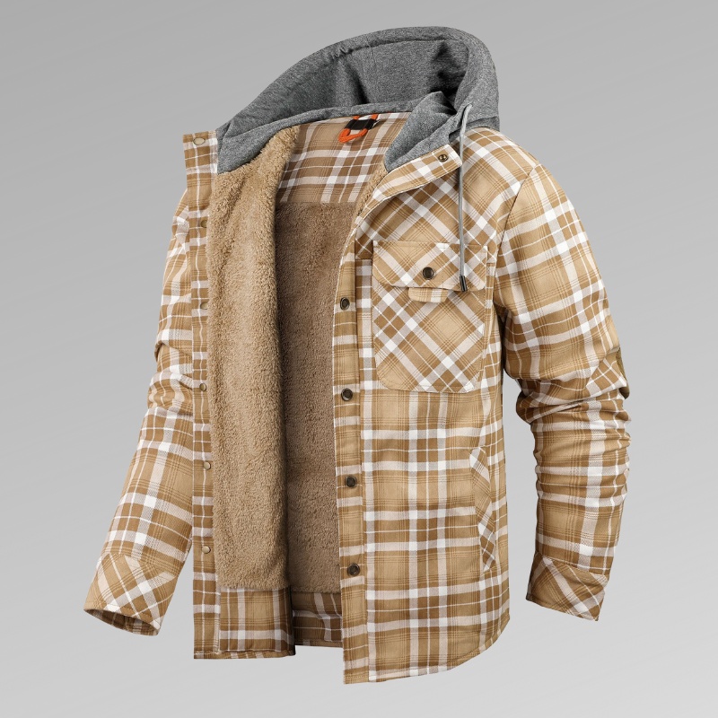 Men's Long Sleeve Velvet Thickened Hooded Plaid Shirt Coat - Image 5