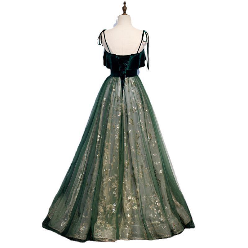 Banquet Sling Temperament Long Dress Dark Green Fantasy Mori - Image 5