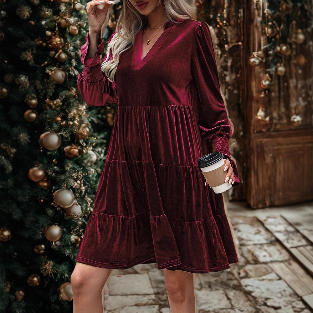 Long Sleeve Christmas Skirt Velvet Cake Dresses With Puffy Sleeves And V-Neck Mini Skirt Elegant Short Dress For Women New Year Party Clothing - Image 4