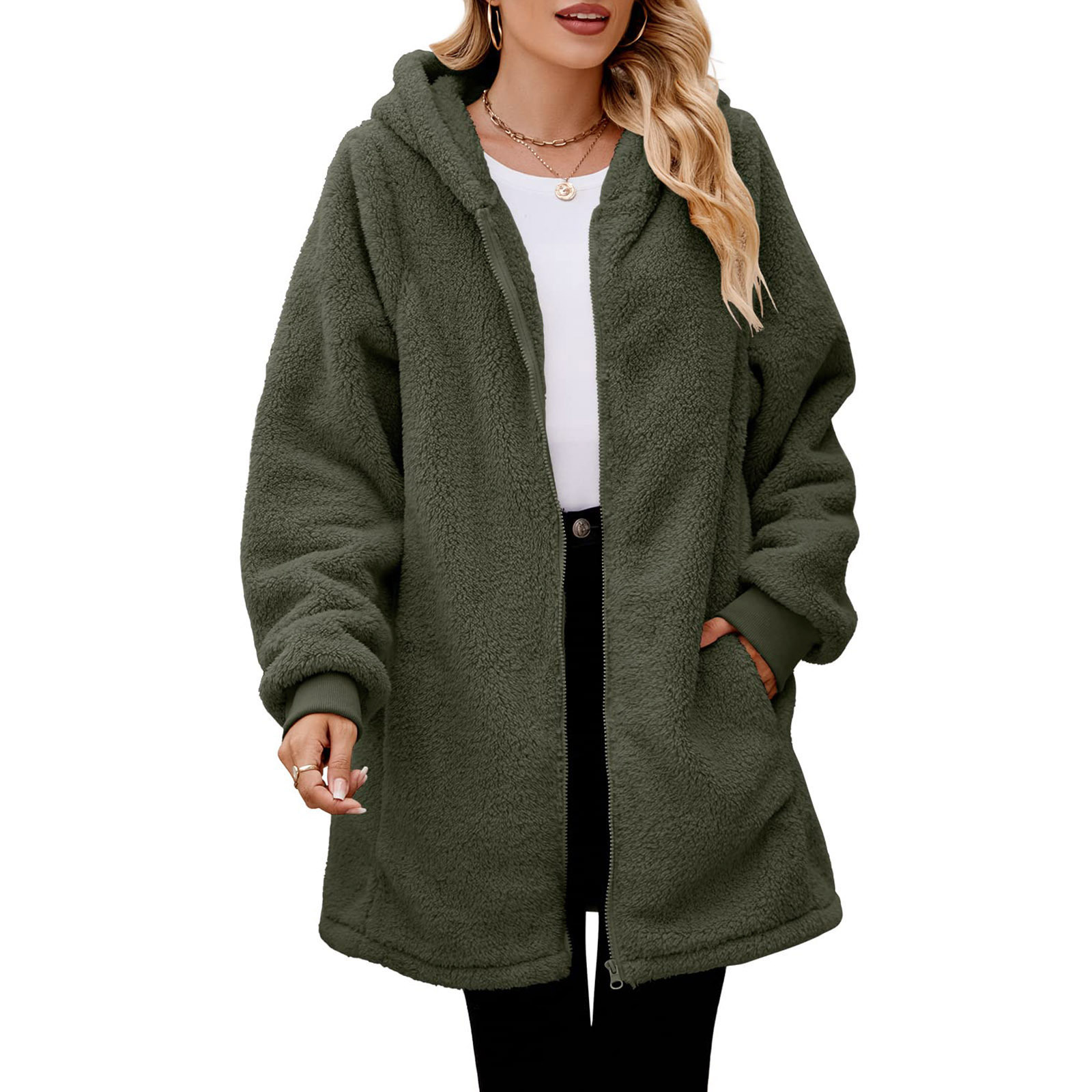 Loose Plush Women's Long Sleeve Hooded Zip Cardigan Coat - Image 2