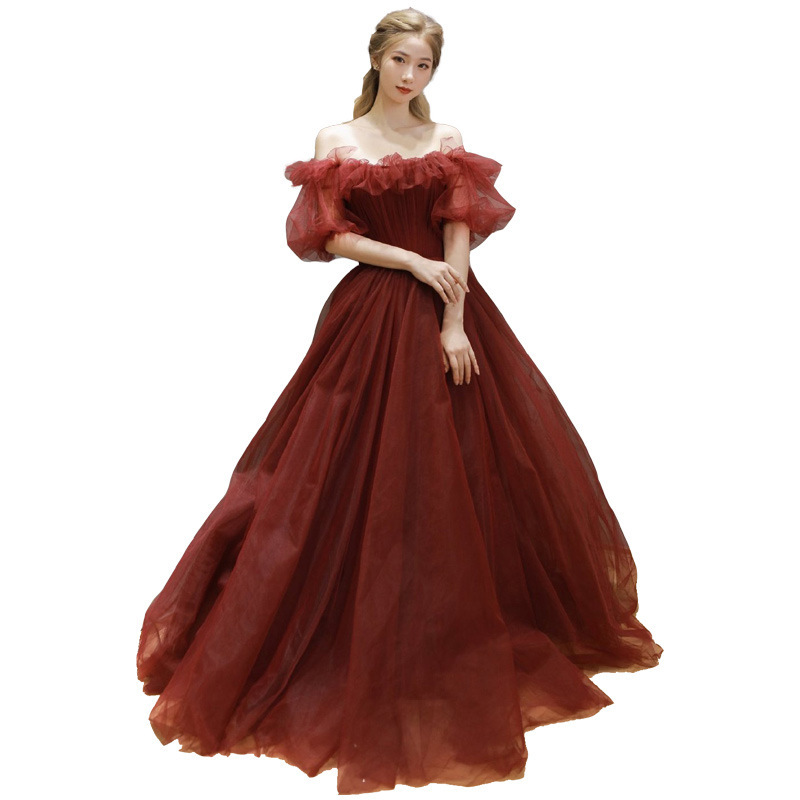 Red Tulle Off Shoulder Full Length Princess Ball Gown - Image 4