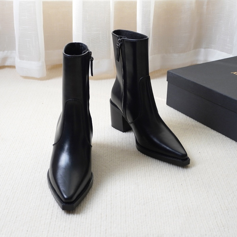 Autumn And Winter Genuine Leather Chunky Heel Martin Boots Ankle Boots - Image 6