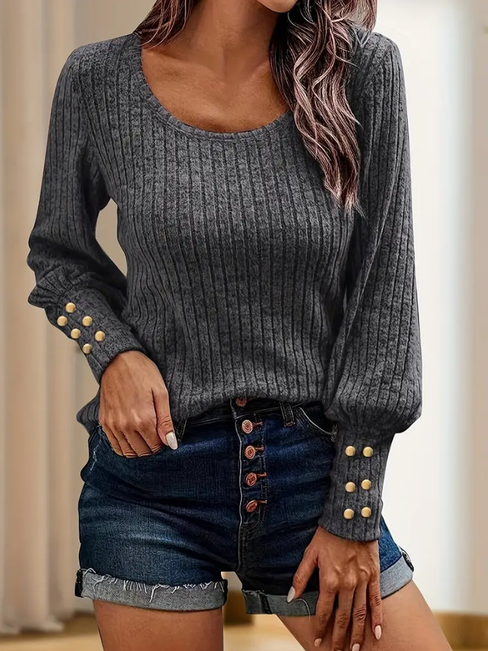 Solid Color Button Round Neck Long Sleeve Sweater - Image 6