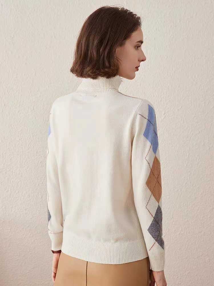 Vintage Diamond Lattice Pure Cashmere High Lapel Inlay Knitted Sweater - Image 4