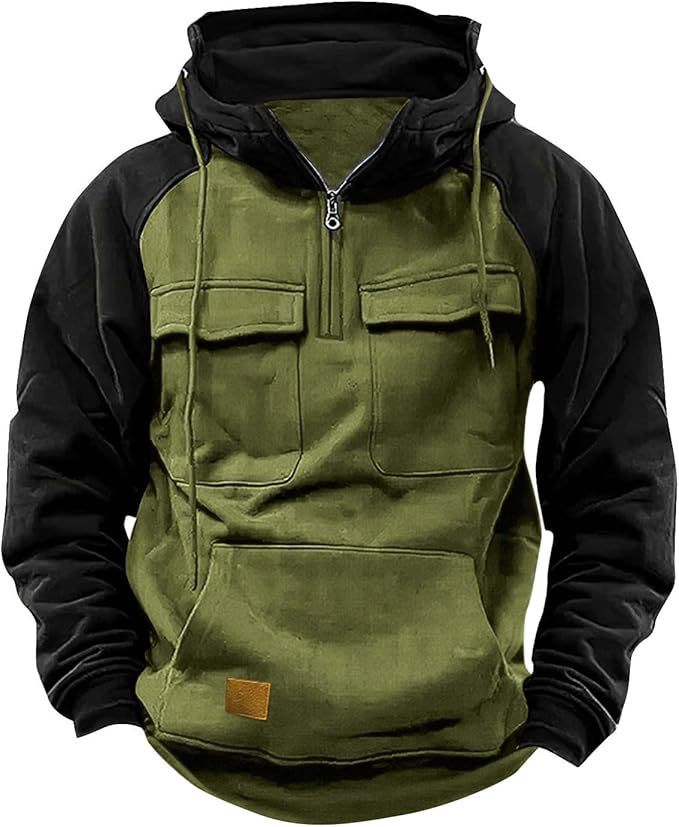 Fall Winter Retro Cargo Hoodies Men's Half Zipper Solid Warm Fleece Sweatshirts Multi Pockets Male Hooded Jackets Thick Outdoor Hooded - Image 9