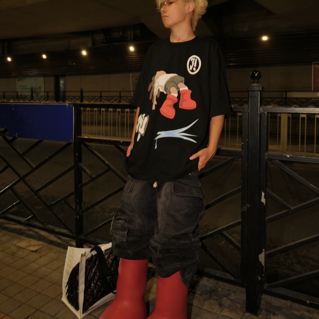 American Street Cotton Graffiti Style Printed Couple Round Neck Short Sleeve T-shirt