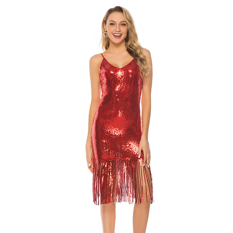 Deep V-Neck Sequined Fringed Backless Slip Dress — изображение 8