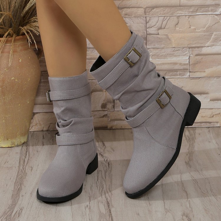 Square Heel Round Toe Women's Denim Leather Boots - Image 4