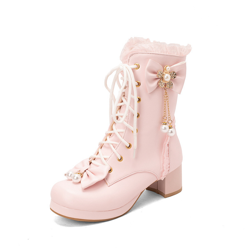Female Bow Thick Heeled Short Boots Lolita Shoes - Image 5