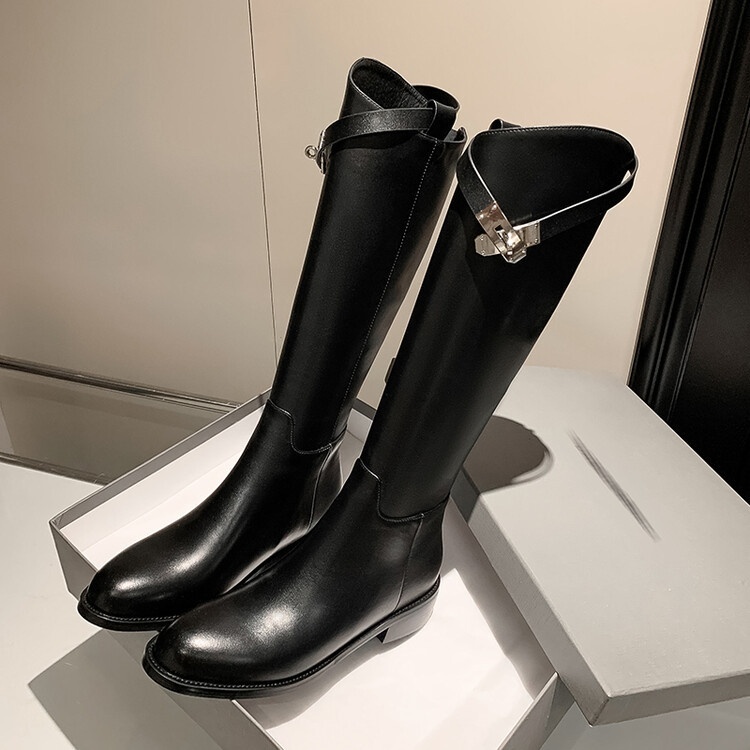 First Layer Cowhide Lock Knight Boots Big Tube Circumference Genuine Leather Below The Knee High Boots - Image 3