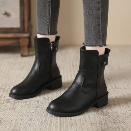 Women's Low Heel Round Toe Boots Side Zip Short Boots
