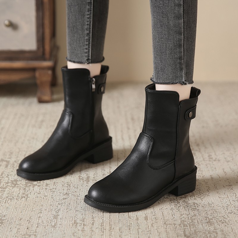 Women's Low Heel Round Toe Boots Side Zip Short Boots