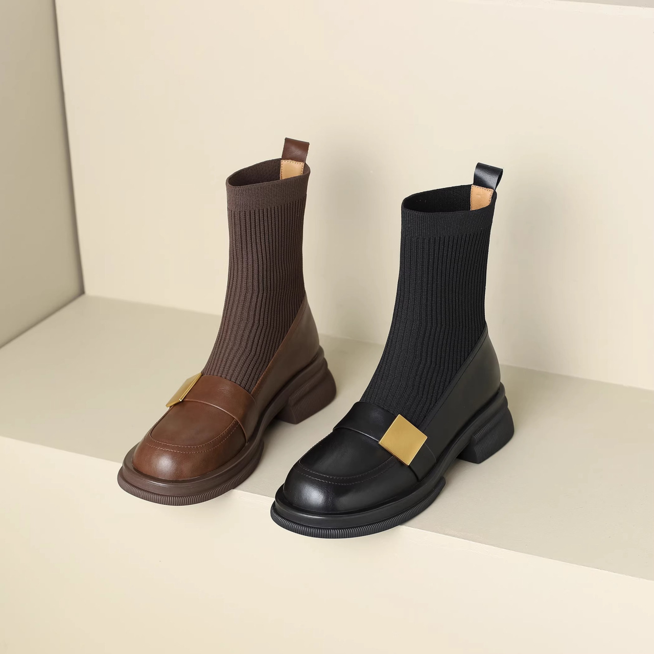 Knitted Stretch Chunky Heel Retro Women's Ankle Boots - Image 2