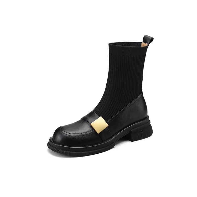 Knitted Stretch Chunky Heel Retro Women's Ankle Boots - Image 8