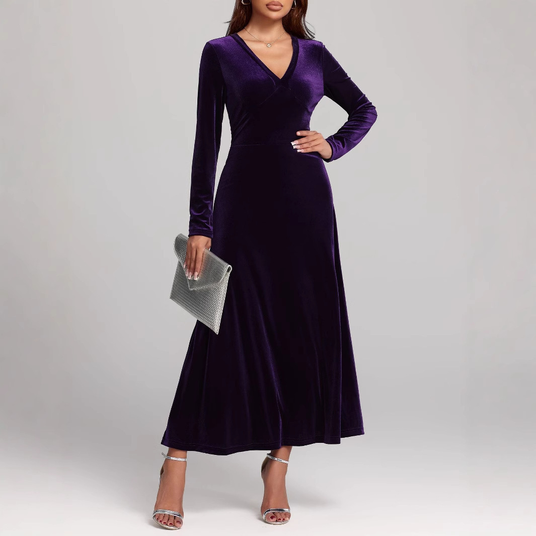 V-neck Long Sleeve Evening Dress Pleuche Dress - Image 6