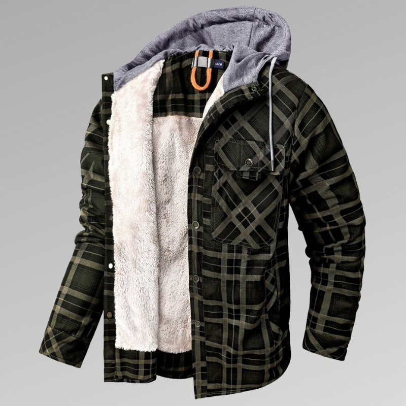 Men's Long Sleeve Velvet Thickened Hooded Plaid Shirt Coat - Image 4