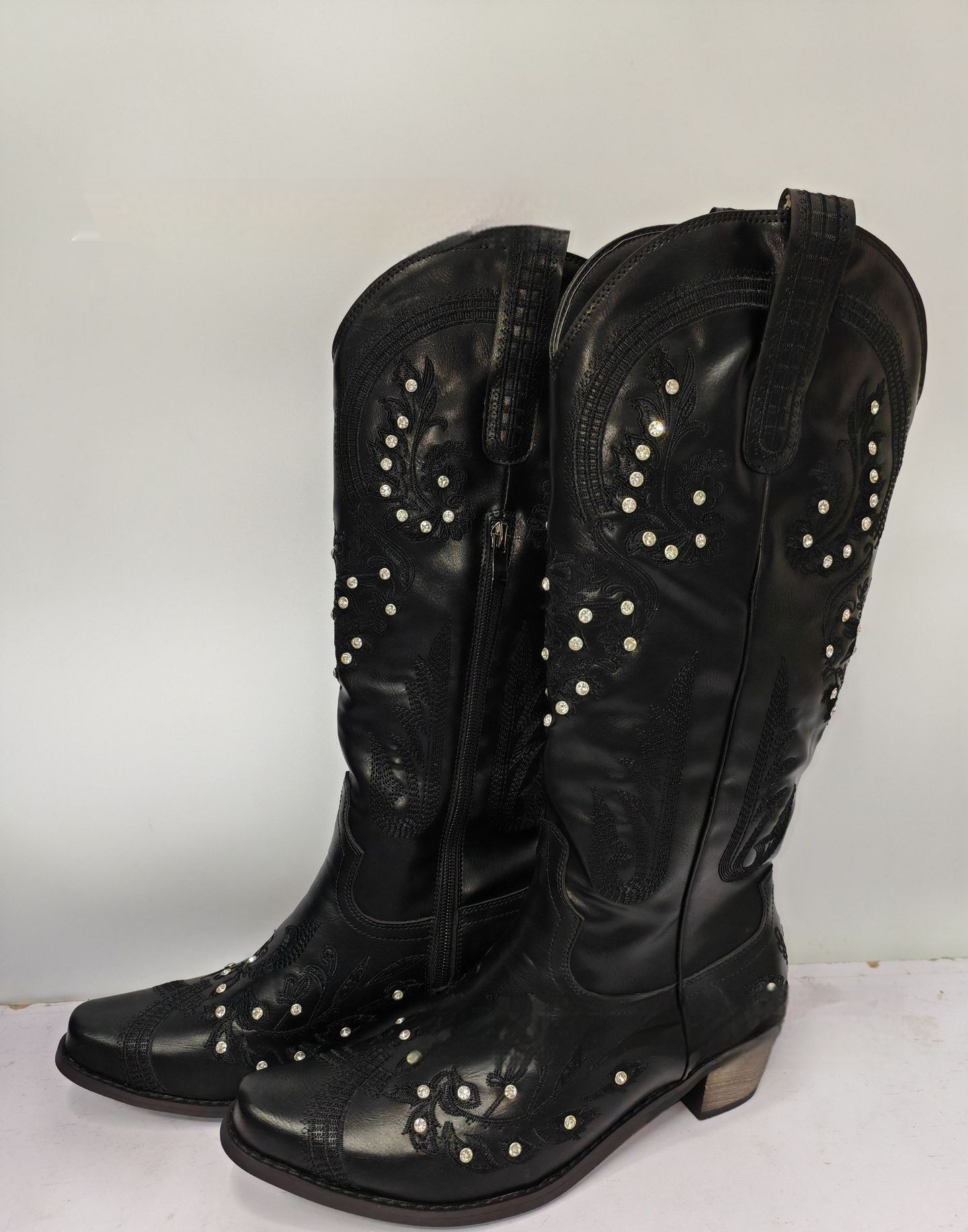 Embroidered Rhinestone Thick High Heel Side Zipper High-top Boots - Image 10