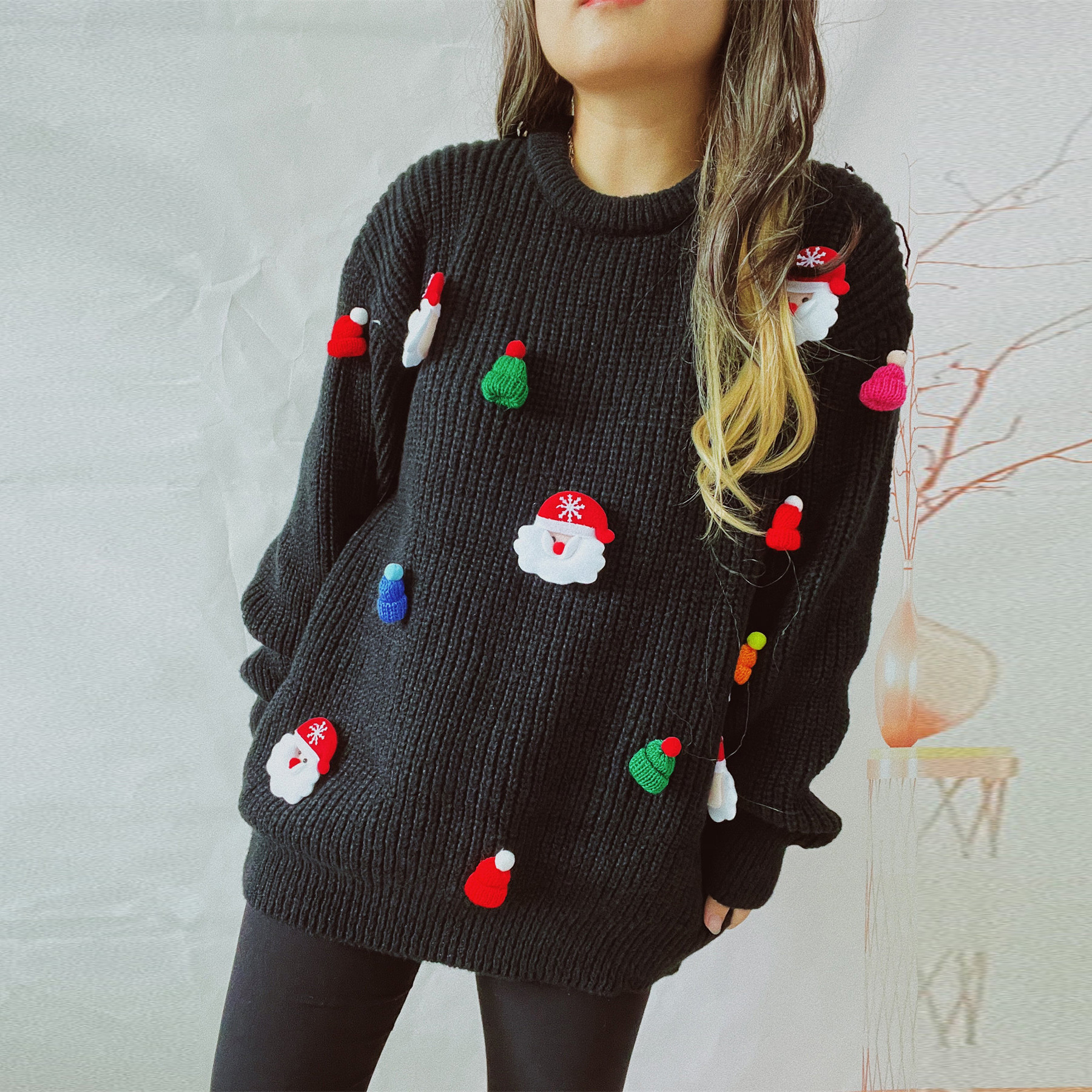 Women's Cute Fashion Santa Claus Three-dimensional Decoration Round Neck Long Sleeve Sweater - Image 7