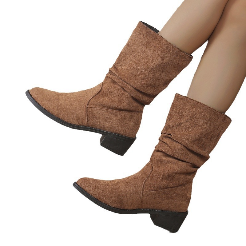 Large Size Thick Heel Pointed Toe Mid-calf Smoke Pipe Boots For Women - Image 5