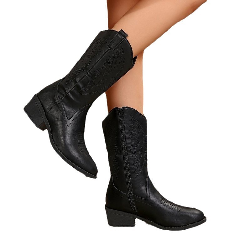 Female Mid-calf Length Solid Color Pointed Chunky Heel Martin Boots - Image 5